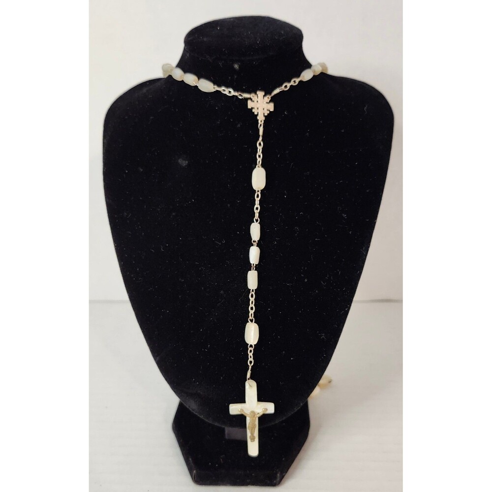 Vintage Mother of Pearl Rosary Religious Necklace Cross